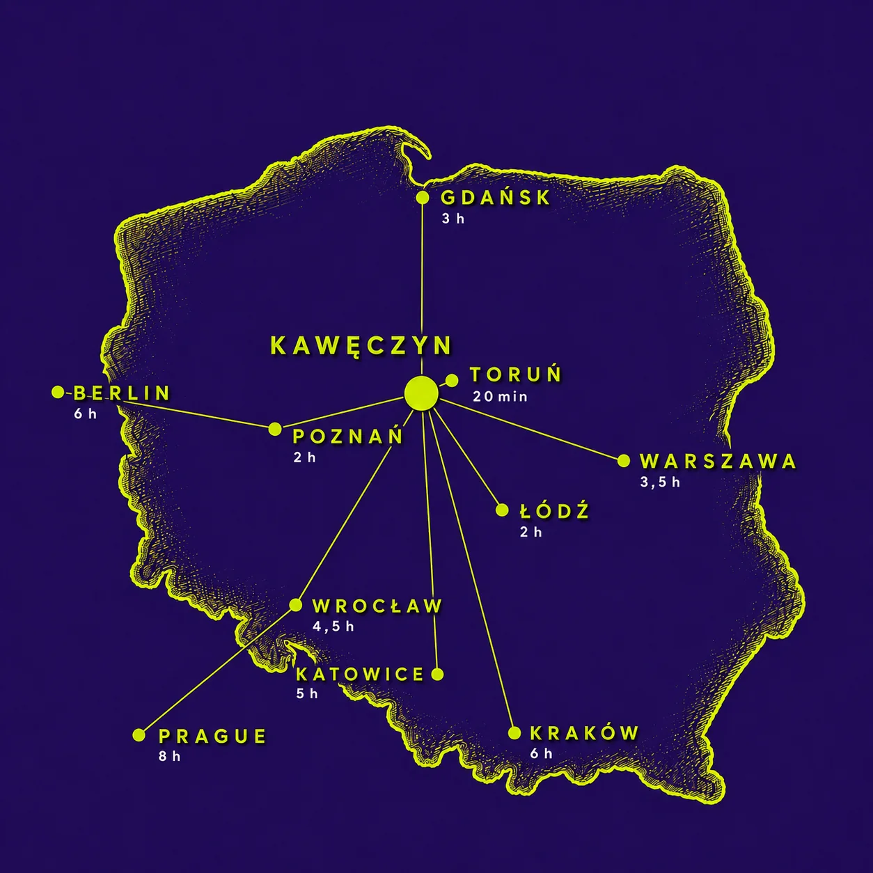 Travel map to Kawęczyn from major cities